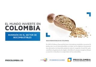INVERSIÓN EN EL SECTOR DE
BIOCOMBUSTIBLES
BIOCOMBUSTIBLES EN COLOMBIA
En 2005 el Gobierno Nacional dio inicio a las políticas orientadas a incentivar la
producción y uso de biocombustibles en el país, con los objetivos de promover
una alternativa de desarrollo productivo para la ocupación formal del suelo,
y convertir a Colombia en un exportador de biocombustibles.
 