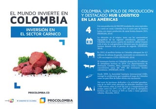 COLOMBIA, UN POLO DE PRODUCCIÓN
Y DESTACADO HUB LOGÍSTICO
EN LAS AMÉRICAS
La ubicación en el trópico, junto con las características
Colombia tener acceso a pastos de excelente calidad durante
todo el año, lo cual garantiza el alimento para los ejemplares
bovinos durante todo el proceso de engorde. (FEDEGAN,
2014).
El inventario bovino en Colombia alcanzó los 23 millones
de ejemplares bovinos en 2014. Los departamentos de
Antioquia, Córdoba, Meta, Casanare, Cesar y Santander,
concentraron cerca del 50% del inventario bovino
colombiano. (FEDEGAN, 2014).
Desde 2009, la Autoridad Sanitaria Internacional (OIE),
Del total de hectáreas dedicadas a la actividad ganadera,
más de un 60% están ubicadas en altitudes menores a los
1.000 metros sobre el nivel del mar y a temperaturas que
oscilan entre los 23ºC y los 32ºC del total de ejemplares
bovinos, por lo menos el 95% es Cebú o tiene genética
cebuina. (Asocebu, 2012).
4
Con una producción de 944.000 toneladas de carne equivalen-
te a carne en canal, Colombia fue el cuarto país de América
Latina con mayor producción de carne bovina durante 2015.
(FEDEGAN, 2015)
millones de cabezas de ganado, mostrando un crecimiento de
1,9% con respecto a 2010. (FEDEGAN, 2014)
5
INVERSIÓN EN
EL SECTOR CÁRNICO
 