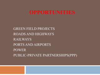 OPPORTUNITIES
•GREEN FIELD PROJECTS
•ROADS AND HIGHWAYS
•RAILWAYS
•PORTS AND AIRPORTS
•POWER
•PUBLIC-PRIVATE PARTNERSHIPS(PPP)
 
