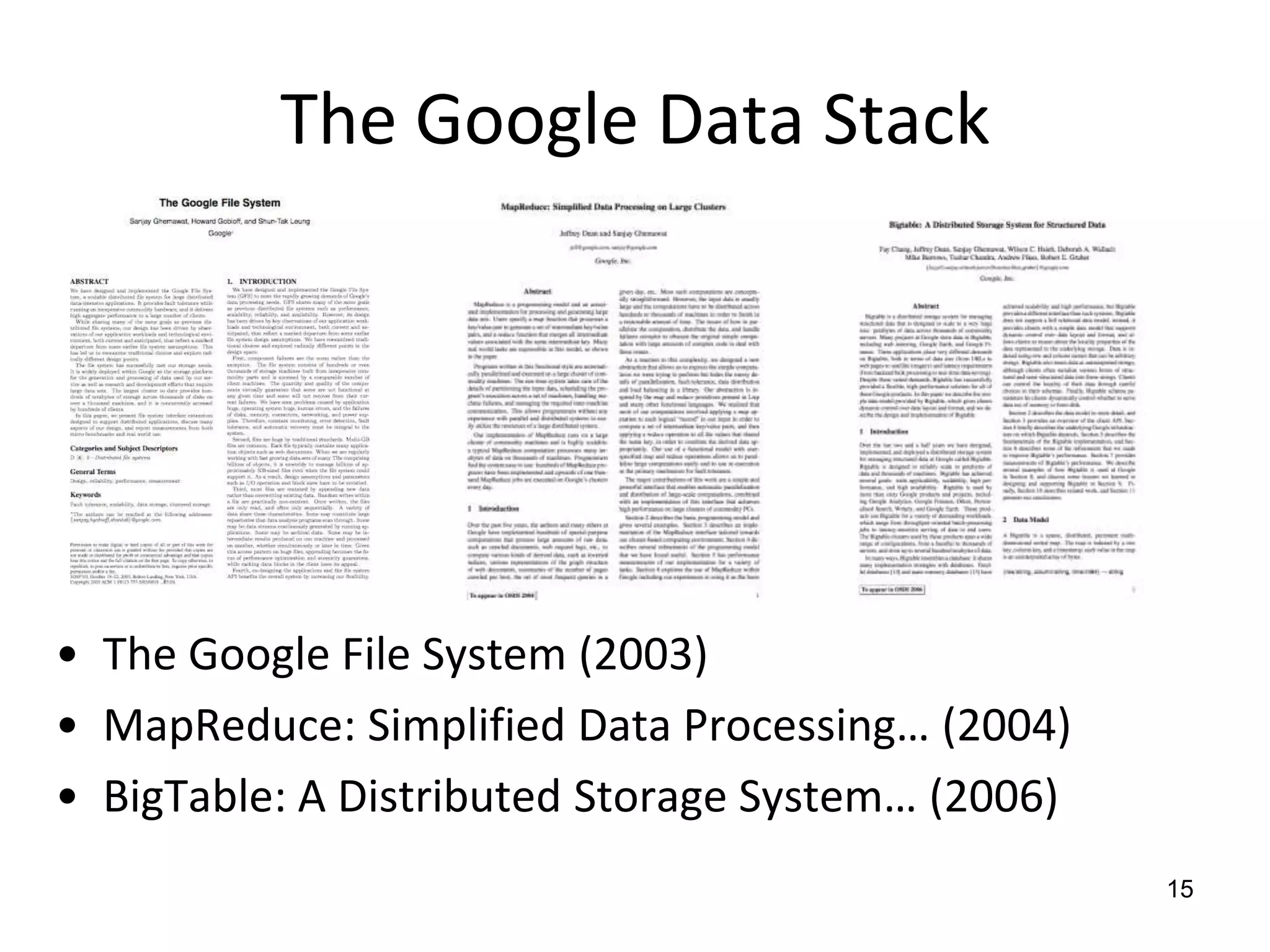 The Google Data StackThe Google File System (2003)MapReduce: Simplified Data Processing… (2004)BigTable: A Distributed Storage System… (2006)15