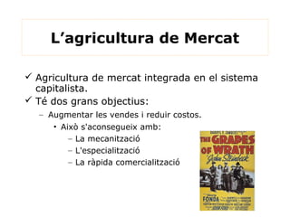 L’agricultura de Mercat
 Agricultura de mercat integrada en el sistema
capitalista.
 Té dos grans objectius:
– Augmentar les vendes i reduir costos.
• Això s'aconsegueix amb:
– La mecanització
– L'especialització
– La ràpida comercialització
 