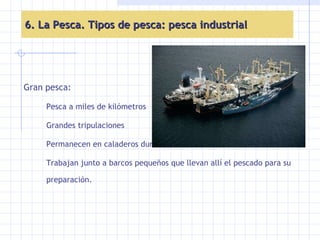 6. La Pesca. Tipos de pesca: pesca industrial Gran pesca: Pesca a miles de kilómetros  Grandes tripulaciones Permanecen en caladeros durante años Trabajan junto a barcos pequeños que llevan allí el pescado para su preparación. 