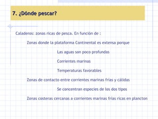 7. ¿Dónde pescar? Caladeros: zonas ricas de pesca. En función de : Zonas donde la plataforma Continental es extensa porque Las aguas son poco profundas Corrientes marinas Temperaturas favorables Zonas de contacto entre corrientes marinas frías y cálidas Se concentran especies de los dos tipos Zonas costeras cercanas a corrientes marinas frías ricas en plancton 