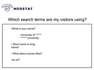 Which search terms are my visitors using? <ul><li>What is your name? </li></ul><ul><li>University of ****** </li></ul><ul>...