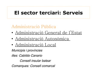 Administració Pública   Administració General de l’Estat Administració Autonòmica  Administració Local Municipis i províncies illes: Cabildo Canario Consell insular balear Comarques: Consell comarcal El sector terciari: Serveis 