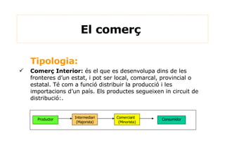 Tipologia: Comerç Interior:  és el que es desenvolupa dins de les fronteres d’un estat, i pot ser local, comarcal, provincial o estatal. Té com a funció distribuir la producció i les importacions d’un país. Els productes segueixen in circuit de distribució:. El comerç  Productor Intermediari (Majorista) Comerciant (Minorista) Consumidor 