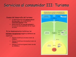 Servicios al consumidor III: Turismo   Causas del desarrollo del turismo: La generalización de  la semana laboral de cinco días  y de un período de  vacaciones pagadas  al año. Generalización del  uso del automóvil  y los precios más asequibles de los viajes en avión. En los desplazamientos turísticos, los núcleos receptores  según su distancia se  clasifican : Núcleos turísticos cercanos (radio de 200Km.) Núcleos turísticos intermedios (radio de 2000Km.) Núcleos turísticos lejanos (radio de más de 2000Km.) 