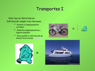 Transportes I Este tipo de  Servicios  de  Distribución cumple tres funciones: Permite el desplazamiento cotidiano. Posibilita desplazamientos a lugares alejados. Hace posible la distribución de bienes favoreciendo  el comercio .   = = 