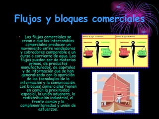 Flujos y bloques comerciales Los flujos comerciales se crean a que los intercambios comerciales producen un movimiento entre vendedores y cobradores comparable a un curso o corriente de agua. Los flujos pueden ser de materias primas, de productos manufacturados, de capitales y de información que se han generalizado con la aparición de las tecnologías de la información y la comunicación. Los bloques comerciales tienen en común la proximidad espacial, la unión aduanera, la redistribución industrial, el frente común y la complementariedad y unión de esfuerzos. 
