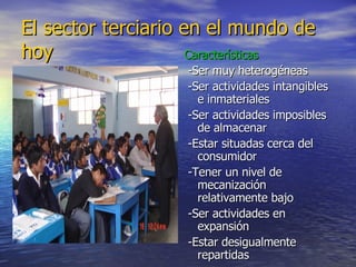 El sector terciario en el mundo de hoy Características -Ser muy heterogéneas -Ser actividades intangibles e inmateriales -Ser actividades imposibles de almacenar -Estar situadas cerca del consumidor -Tener un nivel de mecanización relativamente bajo -Ser actividades en expansión -Estar desigualmente repartidas 