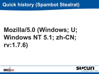 Quick history (Spambot Stealrat) 
Mozilla/5.0 (Windows; U; 
Windows NT 5.1; zh-CN; 
rv:1.7.6) 
 