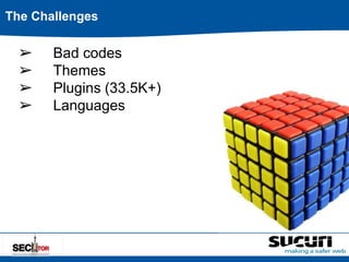 The Challenges 
➢ Bad codes 
➢ Themes 
➢ Plugins (33.5K+) 
➢ Languages 
 