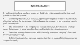 INTERPRETATION
By looking at the above numbers, we can say that Zydus Lifesciences is neither in a good
position nor in a bad position.
• Comparing the years 2021 and 2022, operating leverage has decreased by almost 3%
which is a bad sign for the company. It is so because the company is not generating enough
profit on every sale.
• The financial risk of the company has reduced since 2020. Low financial leverage
means that company is using less of the borrowed funds for investment purposes.
• Combined leverage has decreased which basically means that company’s fixed cost
are low giving a good sign.
• Debt to Equity ratio has increased meaning that there is more debt in the company as
compared to equity.
 