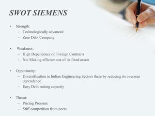SWOT SIEMENS
• Strength:
– Technologically advanced
– Zero Debt Company
• Weakness:
– High Dependence on Foreign Contracts
– Not Making efficient use of its fixed assets
• Opportunity:
– Diversification in Indian Engineering Sectors there by reducing its overseas
dependence
– Easy Debt raising capacity
• Threat:
– Pricing Pressure
– Stiff competition from peers
 