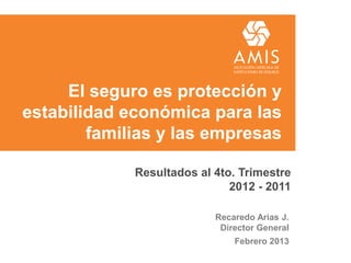 El seguro es protección y
estabilidad económica para las
        familias y las empresas

             Resultados al 4to. Trimestre
                              2012 - 2011

                           Recaredo Arias J.
                            Director General
                               Febrero 2013
 