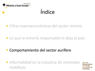 Índice

Cifras macroeconómicas del sector minero

Lo que la minería responsable le deja al país

Comportamiento del sector aurífero

Informalidad en la industria de minerales
metálicos
 