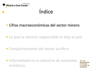 Índice

Cifras macroeconómicas del sector minero

Lo que la minería responsable le deja al país

Comportamiento del sector aurífero

Informalidad en la industria de minerales
metálicos
 