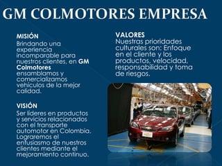 MISIÓN Brindando una experiencia incomparable para nuestros clientes, en  GM Colmotores  ensamblamos y comercializamos vehículos de la mejor calidad. VISIÓN Ser líderes en productos y servicios relacionados con el transporte automotor en Colombia. Lograremos el entusiasmo de nuestros clientes mediante el mejoramiento continuo. VALORES Nuestras prioridades culturales son: Enfoque en el cliente y los productos, velocidad, responsabilidad y toma de riesgos. 