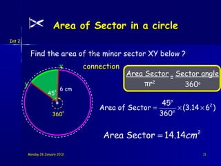 Area of Sector in a circle
Int 2


            Find the area of the minor sector XY below ?
                             x      connection
                                                 Area Sector = Sector angle
        y                                             πr2        360o
                         o   6 cm
                    45
                                                          45o
                                        Area of Sector =      × (3.14 × 62 )
                      360
                             o
                                                         360o


                                         Area Sector = 14.14cm 2
        Monday 28 January 2013                                          11
 