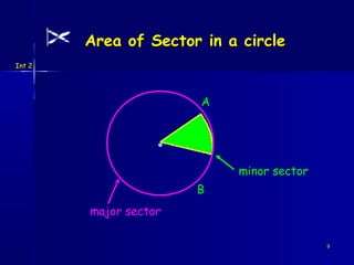 Area of Sector in a circle
Int 2




                       A




                           minor sector
                       B
        major sector

                                          9
 