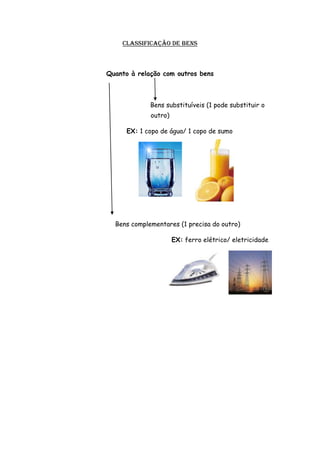 Classificação de bens



Quanto à relação com outros bens



             Bens substituíveis (1 pode substituir o
             outro)

      EX: 1 copo de água/ 1 copo de sumo




  Bens complementares (1 precisa do outro)

                      EX: ferro elétrico/ eletricidade
 