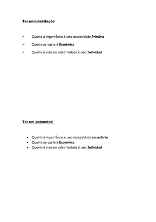 Ter uma habitação



•   Quanto à importância é uma necessidade Primária

•   Quanto ao custo é Económica

•   Quanto à vida em colectividade é uma Individual




Ter um automóvel



    Quanto à importância é uma necessidade secundária
    Quanto ao custo é Económica
    Quanto à vida em colectividade é uma Individual
 