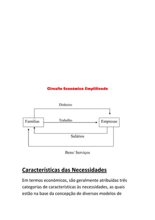 Circuito Económico Simplificado


                   Dinheiro



 Famílias          Trabalho              Empresas


                          Salários


                      Bens/ Serviços



Características das Necessidades
Em termos económicos, são geralmente atribuídas três
categorias de características às necessidades, as quais
estão na base da concepção de diversos modelos de
 
