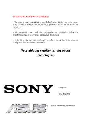 Setores de atividade económica

- O primário: que compreende as atividades ligadas à natureza, como sejam
a agricultura, a silvicultura, as pescas, a pecuária, a caça ou as indústrias
extrativas;

- O secundário: no qual são englobadas as atividades industriais
transformadoras, a construção, a produção de energia;

- O terciário (ou dos serviços): que engloba o comércio, o turismo, os
transportes e as atividades financeiras.


         Necessidades resultantes das novas
                    tecnologias




                                                      Sony bravia


                                                      Televisão LCD HD




                                            Asus PC Computador portátil ASUS
 