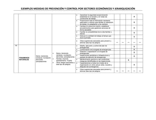 EJEMPLOS MEDIDAS DE PREVENCIÓN Y CONTROL POR SECTORES ECONÓMICOS Y JERARQUIZACIÓN
 Garantizar la seguridad proporcionando
estabilidad en el empleo y en todas las
condiciones de trabajo.
X
 Proporcionar toda la información necesaria,
adecuada y a tiempo para facilitar la realización
de tareas y la adaptación a los cambios.
X
 Cambiar la cultura de mando y establecer
procedimientos para gestionar personas de
forma saludable.
X
 Facilitar la compatibilidad de la vida familiar y
laboral.
X
 Adecuar la cantidad de trabajo al tiempo que
dura la jornada.
X
 Otras sugerencias asociadas para prevenir y
eliminar este tipo de peligros.
__ __ __ __ __
11
FENOMENOS
NATURALES
Sismo, terremoto,
vendaval, inundación,
derrumbe,
precipitaciones
 Sismo, terremoto,
vendaval, inundación,
derrumbe, precipitaciones.
 Heridas, traumas,
aplastamiento, muerte.
 Otros riesgos asociados a
este tipo de peligros
 Diseño, ejecución y control del plan de
emergencias.
X
 Conformación de la brigada de emergencias. X
 Dotación y capacitación a la brigada de
emergencias.
X
 Inspecciones periódicas a infraestructura y
equipos de atención de emergencias.
X
 Mantenimiento oportuno a las condiciones
inseguras identificadas en las inspecciones.
X
 Capacitaciones a todos los niveles de la
organización en cómo actuar antes, durante y
después de la emergencia.
X
 Otras sugerencias asociadas para prevenir y
eliminar este tipo de peligros.
__ __ __ __ __
 