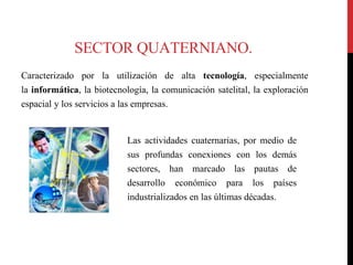 SECTOR QUATERNIANO.
Caracterizado por la utilización de alta tecnología, especialmente
la informática, la biotecnología, la comunicación satelital, la exploración
espacial y los servicios a las empresas.
Las actividades cuaternarias, por medio de
sus profundas conexiones con los demás
sectores, han marcado las pautas de
desarrollo económico para los países
industrializados en las últimas décadas.
 