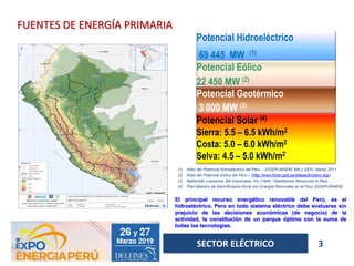 Potencial Hidroeléctrico
69 445 MW (1)
Potencial Eólico
22 450 MW (2)
Potencial Geotérmico
3 000 MW (3)
(1) Atlas del Potencial Hidroeléctrico del Perú – (DGER-MINEM, BM y GEF), Marzo 2011
(2) Atlas del Potencial Eólico del Perú – (http://www.foner.gob.pe/atlaseolicolibro.asp)
(3) Battocletti, Lawrence, B& Associates, Inc (1999) “Geothermal Resources in Peru
(4) Plan Maestro de Electrificación Rural con Energía Renovable en el Perú (DGER-MINEM)
Potencial Solar (4)
Sierra: 5.5 – 6.5 kWh/m2
Costa: 5.0 – 6.0 kWh/m2
Selva: 4.5 – 5.0 kWh/m2
El principal recurso energético renovable del Perú, es el
hidroeléctrico. Pero en todo sistema eléctrico debe evaluarse sin
prejuicio de las decisiones económicas (de negocio) de la
actividad, la constitución de un parque óptimo con la suma de
todas las tecnologías.
FUENTES DE ENERGÍA PRIMARIA
SECTOR ELÉCTRICO 3
 