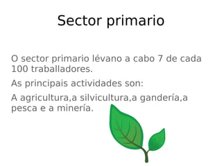 Sector primario
O sector primario lévano a cabo 7 de cada
100 traballadores.
As principais actividades son:
A agricultura,a silvicultura,a gandería,a
pesca e a minería.