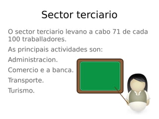 Sector terciario
O sector terciario levano a cabo 71 de cada
100 traballadores.
As principais actividades son:
Administracion.
Comercio e a banca.
Transporte.
Turismo.