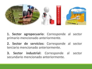 1. Sector agropecuario: Corresponde al sector 
primario mencionado anteriormente. 
2. Sector de servicios: Corresponde al sector 
terciario mencionado anteriormente. 
3. Sector industrial: Corresponde al sector 
secundario mencionado anteriormente. 
 