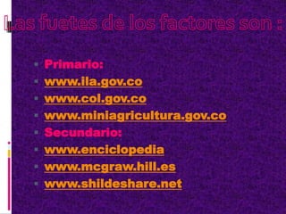  Primario:
 www.ila.gov.co
 www.col.gov.co
 www.miniagricultura.gov.co
 Secundario:
 www.enciclopedia
 www.mcgraw.hill.es
 www.shildeshare.net
 