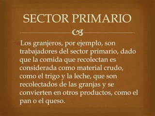 
Los granjeros, por ejemplo, son
trabajadores del sector primario, dado
que la comida que recolectan es
considerada como material crudo,
como el trigo y la leche, que son
recolectados de las granjas y se
convierten en otros productos, como el
pan o el queso.
SECTOR PRIMARIO
 