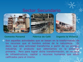 Sector Secundario




 Cemento Panamá         Fábrica de Café    Ingenio la Victoria
 Son aquellas actividades que se basan en la trasformación de
  los recursos que el hombre extrae de la naturaleza.       Es
  decir, que esta actividad transforma a partir de un proceso
  industrial, el producto que obteníamos en la actividad
  primaria. Pero para lograr dicha transformación, se necesita
  de infraestructura, capital y recursos humanos que estén
  calificados para el mismo.
 