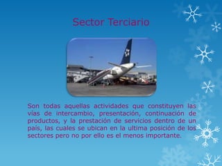 Sector Terciario




Son todas aquellas actividades que constituyen        las
vías de intercambio, presentación, continuación        de
productos, y la prestación de servicios dentro de     un
país, las cuales se ubican en la ultima posición de   los
sectores pero no por ello es el menos importante.
 