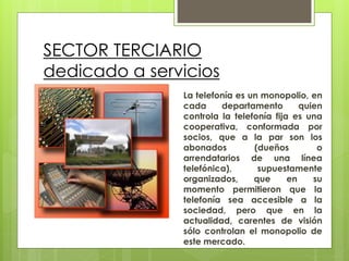 SECTOR TERCIARIO
dedicado a servicios
La telefonía es un monopolio, en
cada departamento quien
controla la telefonía fija es una
cooperativa, conformada por
socios, que a la par son los
abonados (dueños o
arrendatarios de una línea
telefónica), supuestamente
organizados, que en su
momento permitieron que la
telefonía sea accesible a la
sociedad, pero que en la
actualidad, carentes de visión
sólo controlan el monopolio de
este mercado.
 