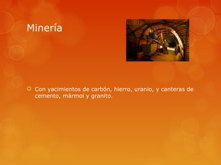 Minería




 Con yacimientos de carbón, hierro, uranio, y canteras de
  cemento, mármol y granito.
 