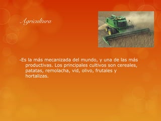 Agricultura




-Es la más mecanizada del mundo, y una de las más
  productivas. Los principales cultivos son cereales,
  patatas, remolacha, vid, olivo, frutales y
  hortalizas.
 