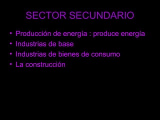 SECTOR SECUNDARIO
•   Producción de energía : produce energía
•   Industrias de base
•   Industrias de bienes de consumo
•...