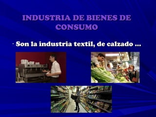INDUSTRIA DE BIENES DE
         CONSUMO

· Son la industria textil, de calzado …
 
