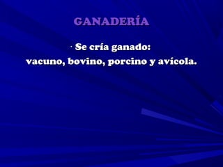 GANADERÍA

        · Se cría ganado:
vacuno, bovino, porcino y avícola.
 