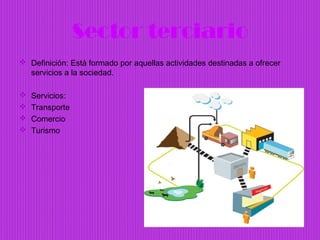 Sector terciario
 Definición: Está formado por aquellas actividades destinadas a ofrecer
  servicios a la sociedad.

   Servicios:
   Transporte
   Comercio
   Turismo
 
