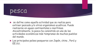 pesca
 se define como aquella actividad que se realiza para
extraer pescado y/o otros organismos acuáticos. Puede
realizarse en aguas continentales o marítimas.
Ancestralmente, la pesca ha consistido en una de las
actividades económicas más tempranas de muchos pueblos
del mundo.
 Los principales países pesqueros con Japón, china , Perú y
EE.UU.
 