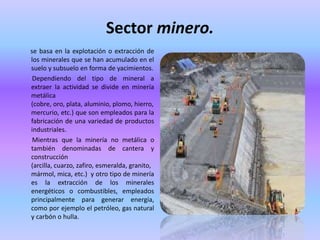 Sector minero.
se basa en la explotación o extracción de
los minerales que se han acumulado en el
suelo y subsuelo en forma de yacimientos.
Dependiendo del tipo de mineral a
extraer la actividad se divide en minería
metálica
(cobre, oro, plata, aluminio, plomo, hierro,
mercurio, etc.) que son empleados para la
fabricación de una variedad de productos
industriales.
Mientras que la minería no metálica o
también denominadas de cantera y
construcción
(arcilla, cuarzo, zafiro, esmeralda, granito,
mármol, mica, etc.) y otro tipo de minería
es la extracción de los minerales
energéticos o combustibles, empleados
principalmente para generar energía,
como por ejemplo el petróleo, gas natural
y carbón o hulla.
 