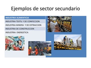 Ejemplos de sector secundario
INDUSTRIA ALIMENTICIA
INDUSTRIA TEXTIL Y DE CONFECCION
INDUSTRIA MINERA Y DE EXTRACCION
INDUSTRIA DE CONSTRUCCION
INDUSTRIA ENERGETICA
 