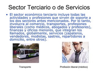 Sector Terciario o de Servicios
• El sector económico terciario incluye todas las
  actividades y profesiones que sirven de soporte a
  los dos sectores antes mencionados. Por lo tanto,
  involucra al comercio, transportes, profesiones
  liberales (como médicos, abogados y profesores),
  finanzas y oficios menores, que integran los
  llamados, globalmente, servicios (zapateros,
  vendedores, modistas, sastres, repartidores a
  domicilio, entre otros).




       Transporte               Profesión liberal (médico)
 