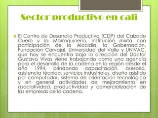 Sector productivo en cali

   El Centro de Desarrollo Productivo (CDP) del Calzado
    Cuero y la Marroquinería, institución mixta con
    participación de la Alcaldía, la Gobernación,
    Fundación Carvajal, Universidad del Valle y UNIVAC,
    que hoy se encuentra bajo la dirección del Doctor
    Gustavo Vivas viene trabajando como una agencia
    para el desarrollo de la cadena en la región desde el
    año 1994, brindando capacitación, asesoría,
    asistencia técnica, servicios industriales, diseño asistido
    por computador, sistema de orientación tecnológica
    y en general actividades de mejoramiento en
    asociatividad, productividad y comercialización de
    las empresas de la cadena.
 